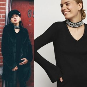 Karl Lagerfeld Paris X Long Tall Sally Pearl Choker Bell Sleeve Sweater Black XL